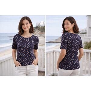 Belle Kim Gravel Blue Tan Polka Dot Tee Small Stretch Cotton Modal Soft Casual